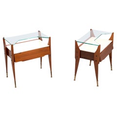 Pair of Italian Bedside Tables in Teak with Marble and Glass Top
