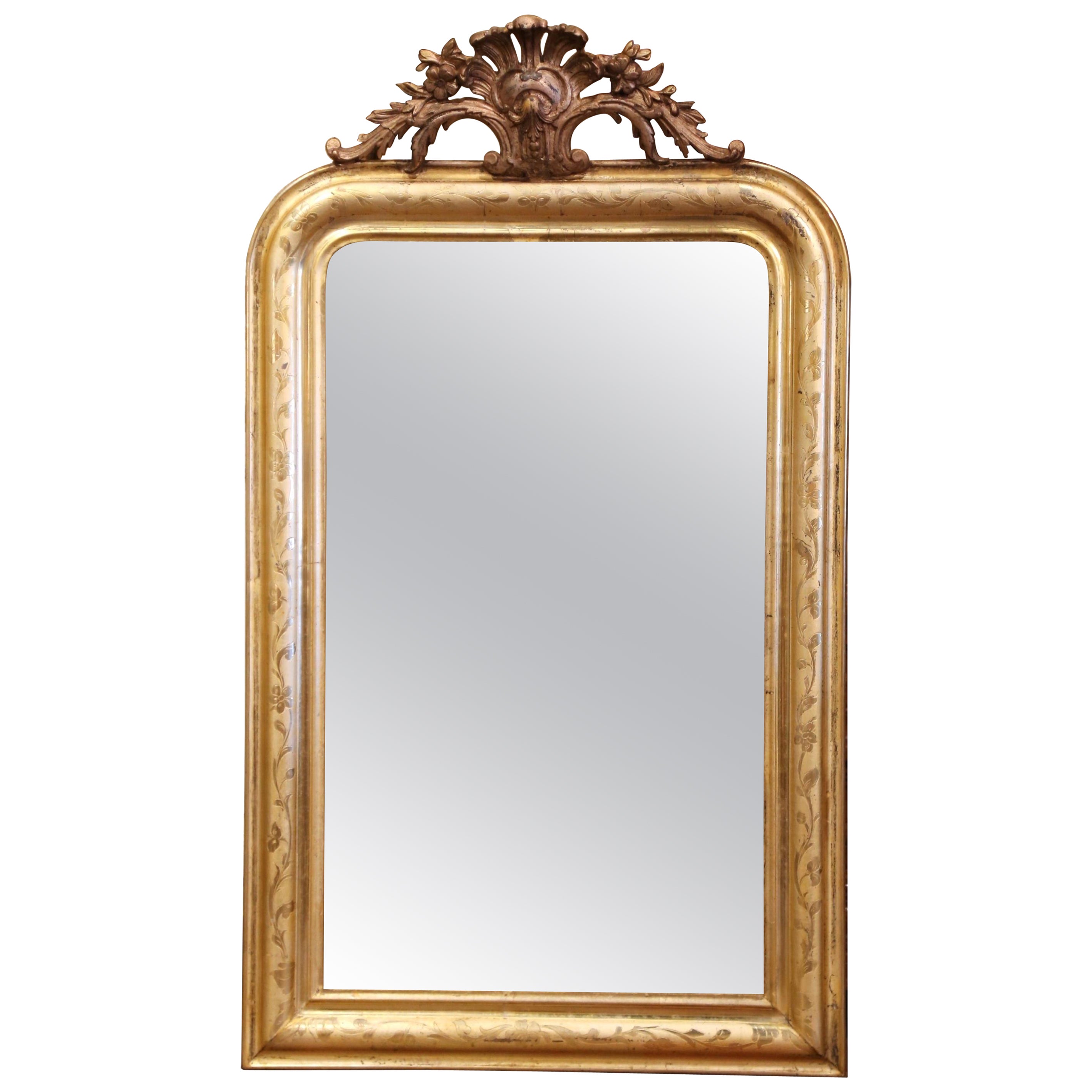 19th Century Louis Philippe Giltwood Mirror with Engraved and Carved Shell Decor For Sale