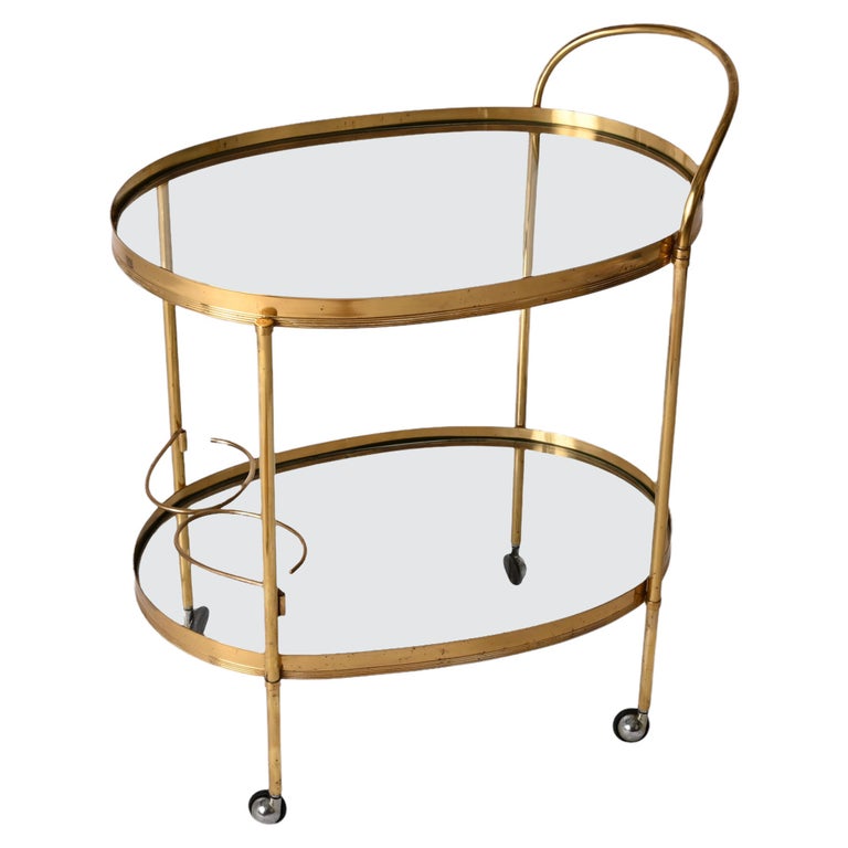 Maison Jansen Mid-Century Brass and Glass Italian Oval Bar Cart, 1970s For Sale