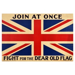 Original Antique British WWI Recruitment Poster Join At Once Fight For Flag