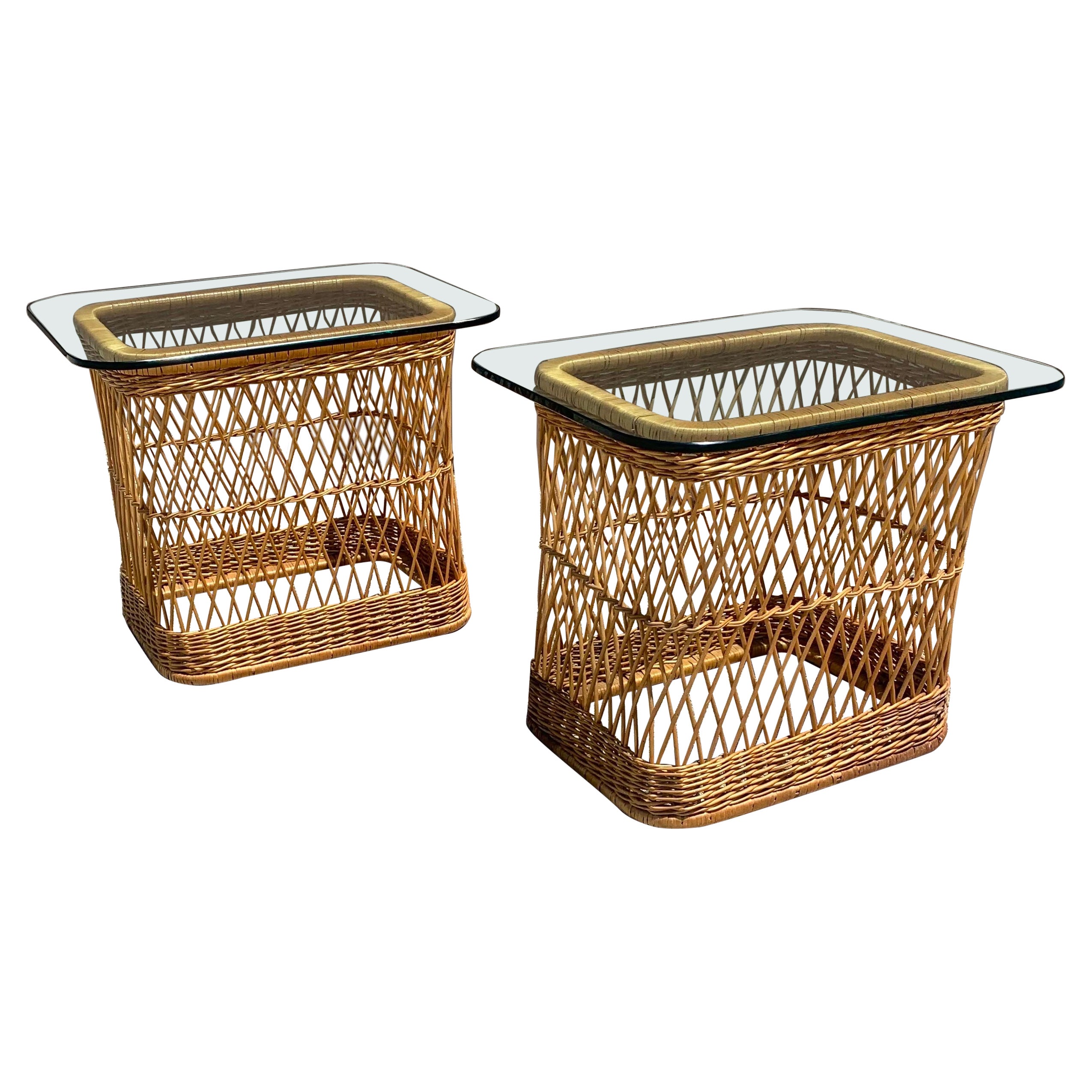 Rattan and Cane Side Table by Davis Allen for McGuire, a Pair For Sale