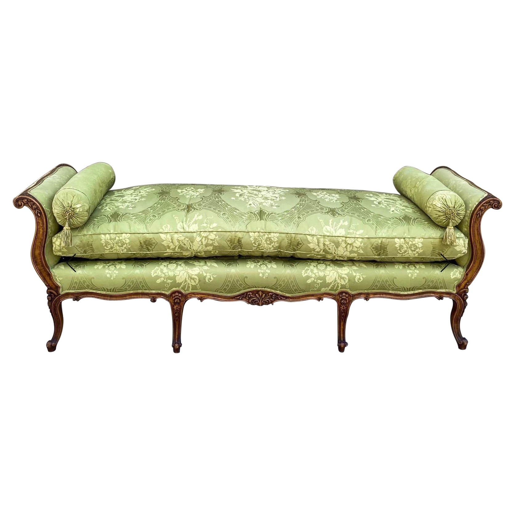 Early 20th Century French Carved Fruitwood Daybed in Green Silk