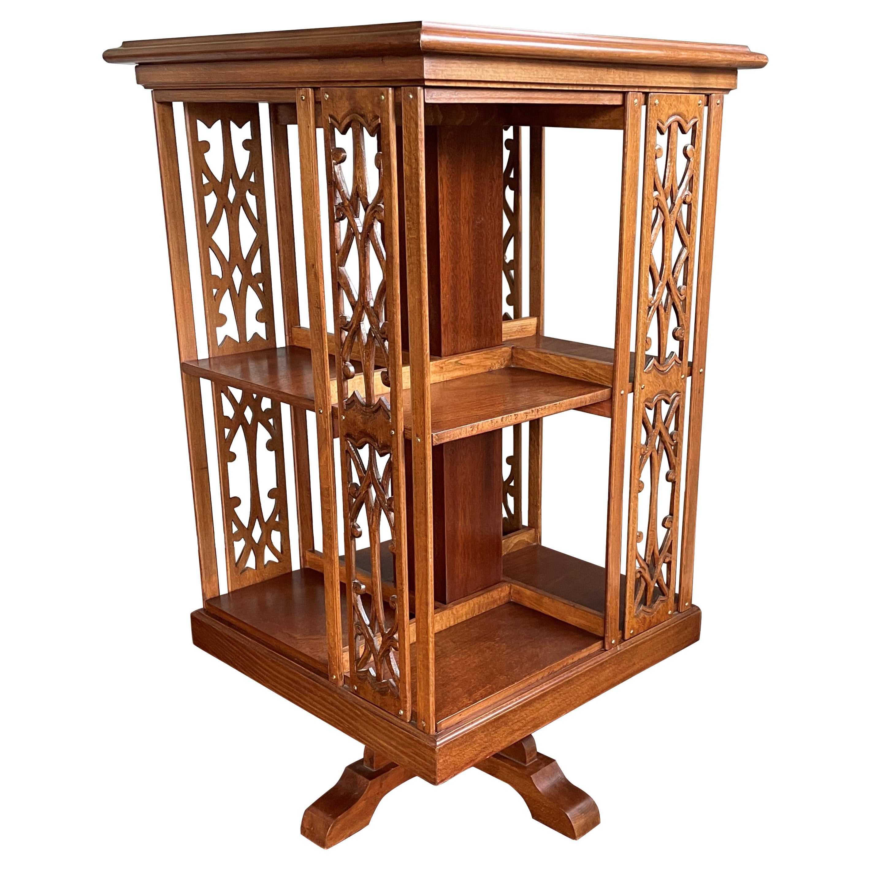 Stylish and Practical Hand Carved Wooden Arts & Crafts Style Revolving Bookcase