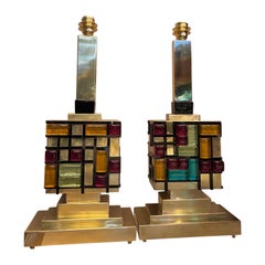 Pair of Brass Table Lamps with Multicolored Murano Glass Cubes, 1980s