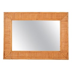 Vintage Midcentury Rectangular Italian Mirror with Bamboo and Woven Wicker Frame, 1970s