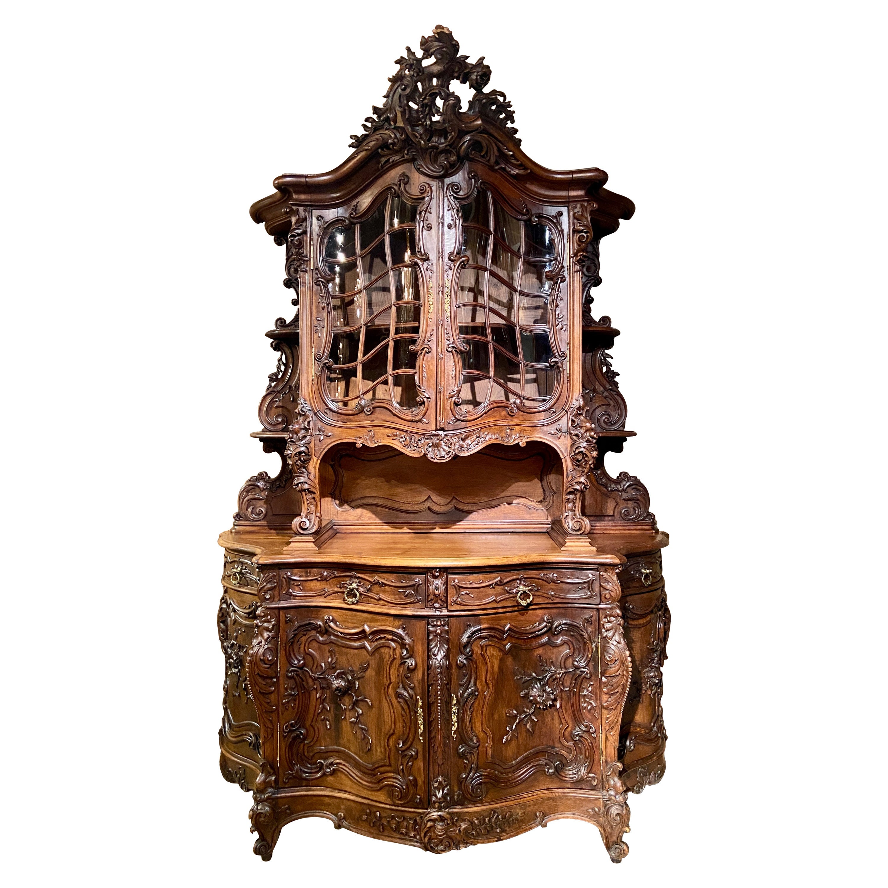 Antique French Louis XV Carved Walnut Curved Glass Front Cabinet, Circa 1860 For Sale