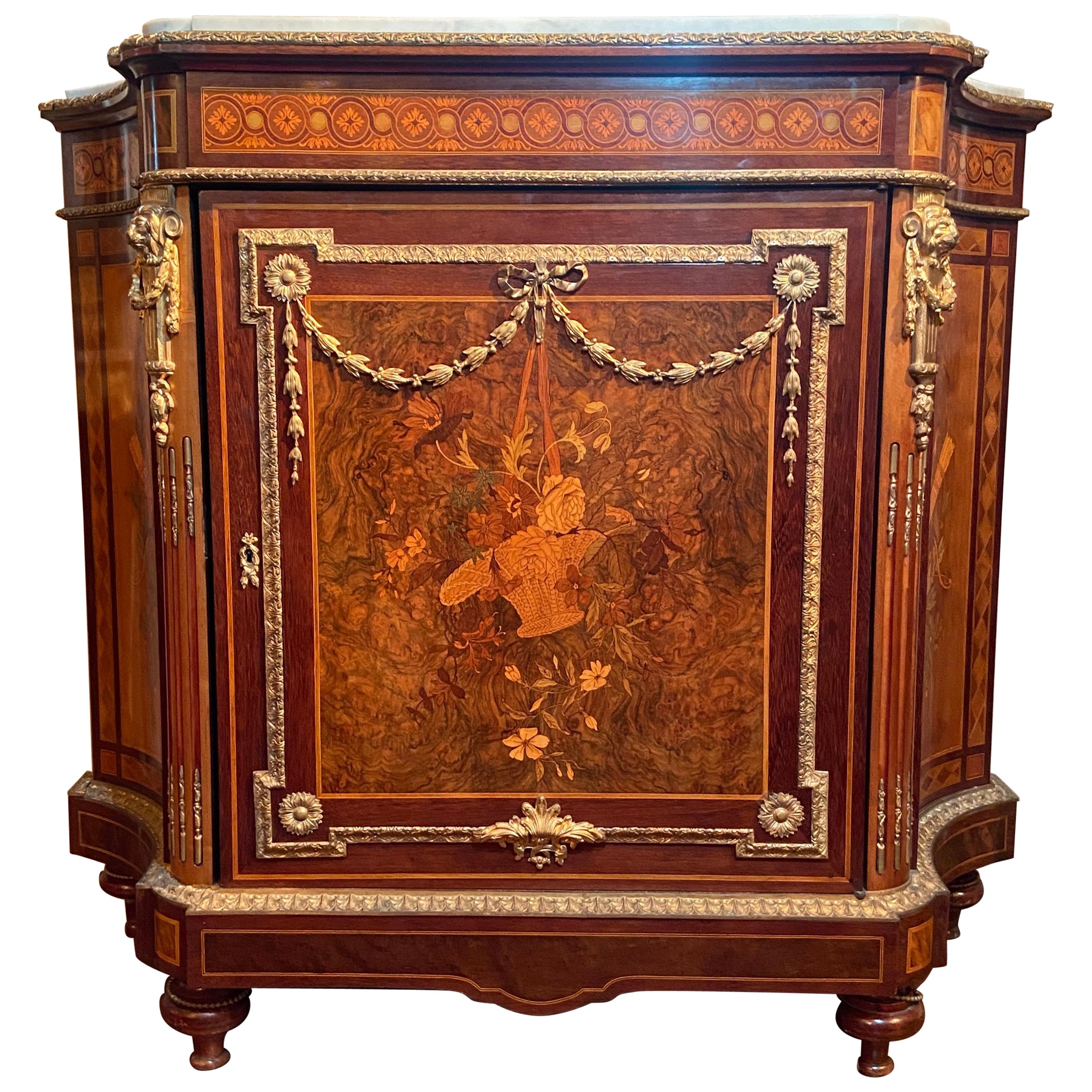 Antique French Louis XVI Marquetry Bronze D'Ore Mounted Marble-Top Commode, 1890