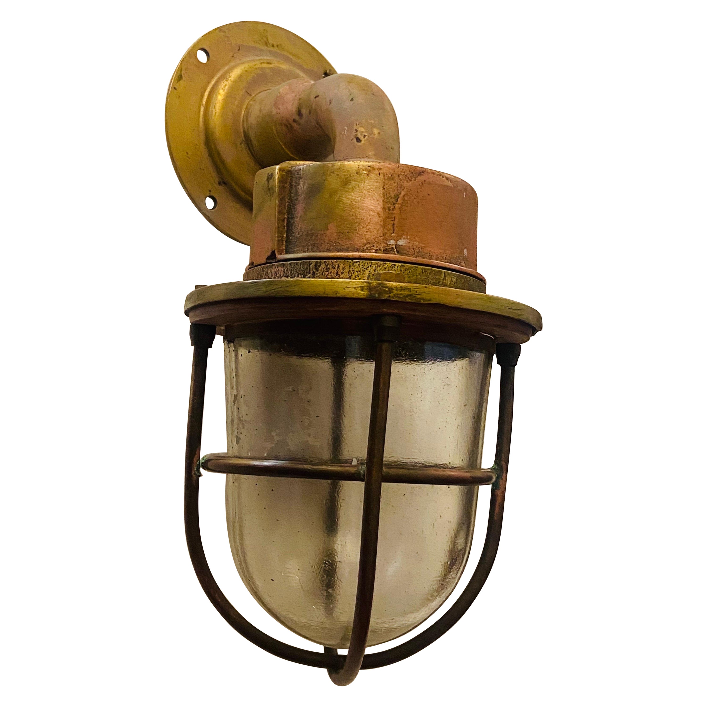 20th Century, French, Brass and Copper Marine Lamp with Metal Glass Shade