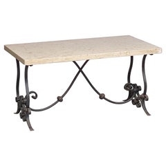 French Mid-Century Coffee or Low Table with Wrought Iron Base and Marble Top