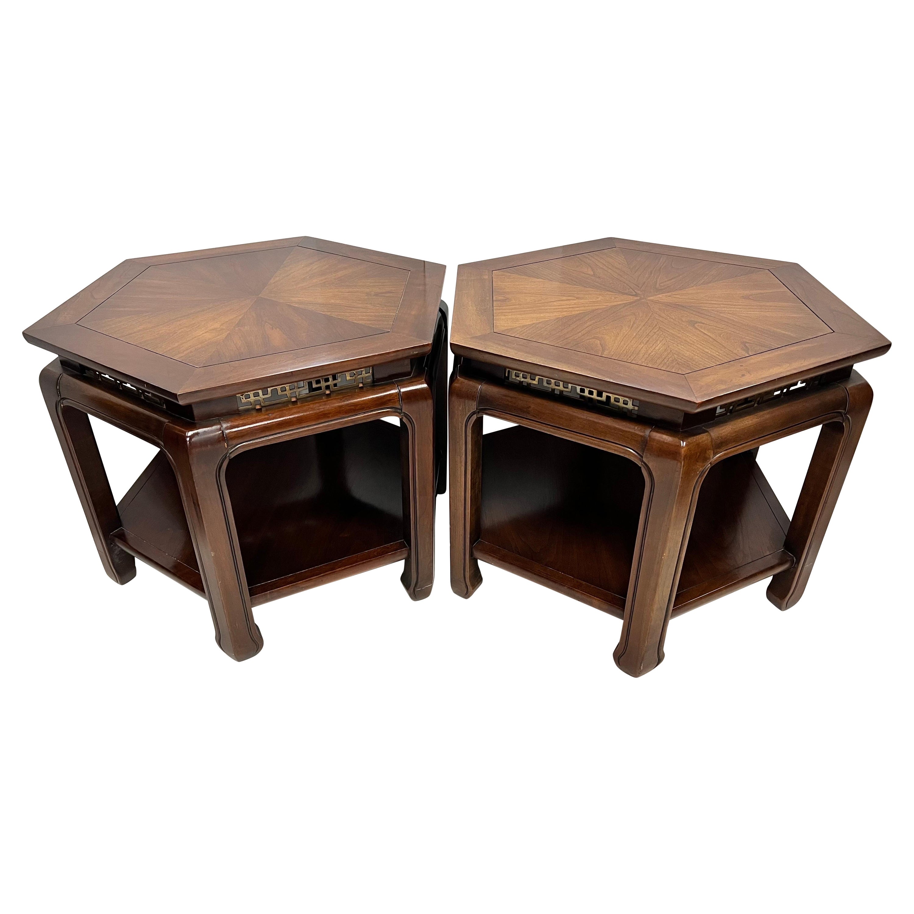 Pair of Asian Mid Century Octagonal Wooden Occasional End Side Tables For Sale