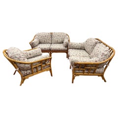 Retro Mid Century Modern 3pc Bamboo Rattan Set with Pair Loveseats and One Chair