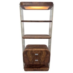 Mid-Century Faux Burlwood Veneer and Lucite Bookcase or Etagere, 1970s