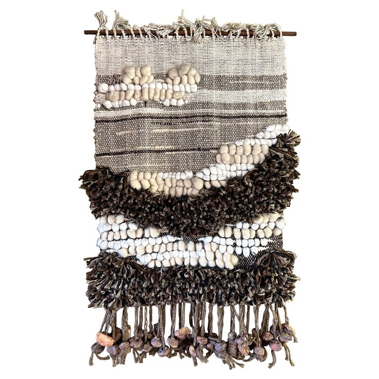 Vintage 1970s Hand Knotted Wall Tapestry Textile Art with Ceramic Bead