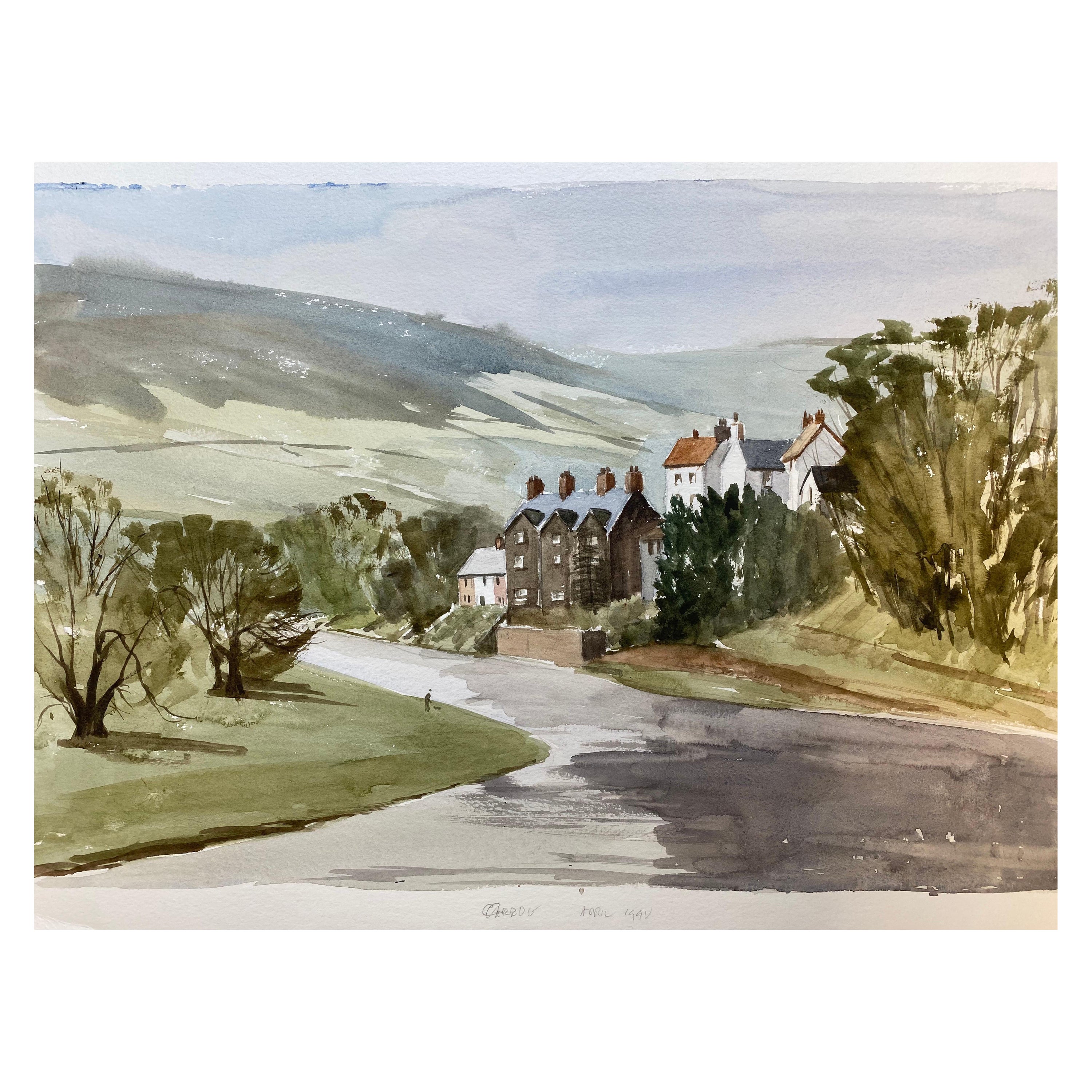 Peinture à l'aquarelle originale d'un paysage rural anglais signée, Village anglais
