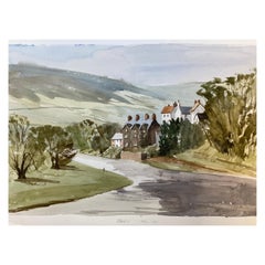 Vintage Rural English Village Landscape Signed Original British Watercolour Painting