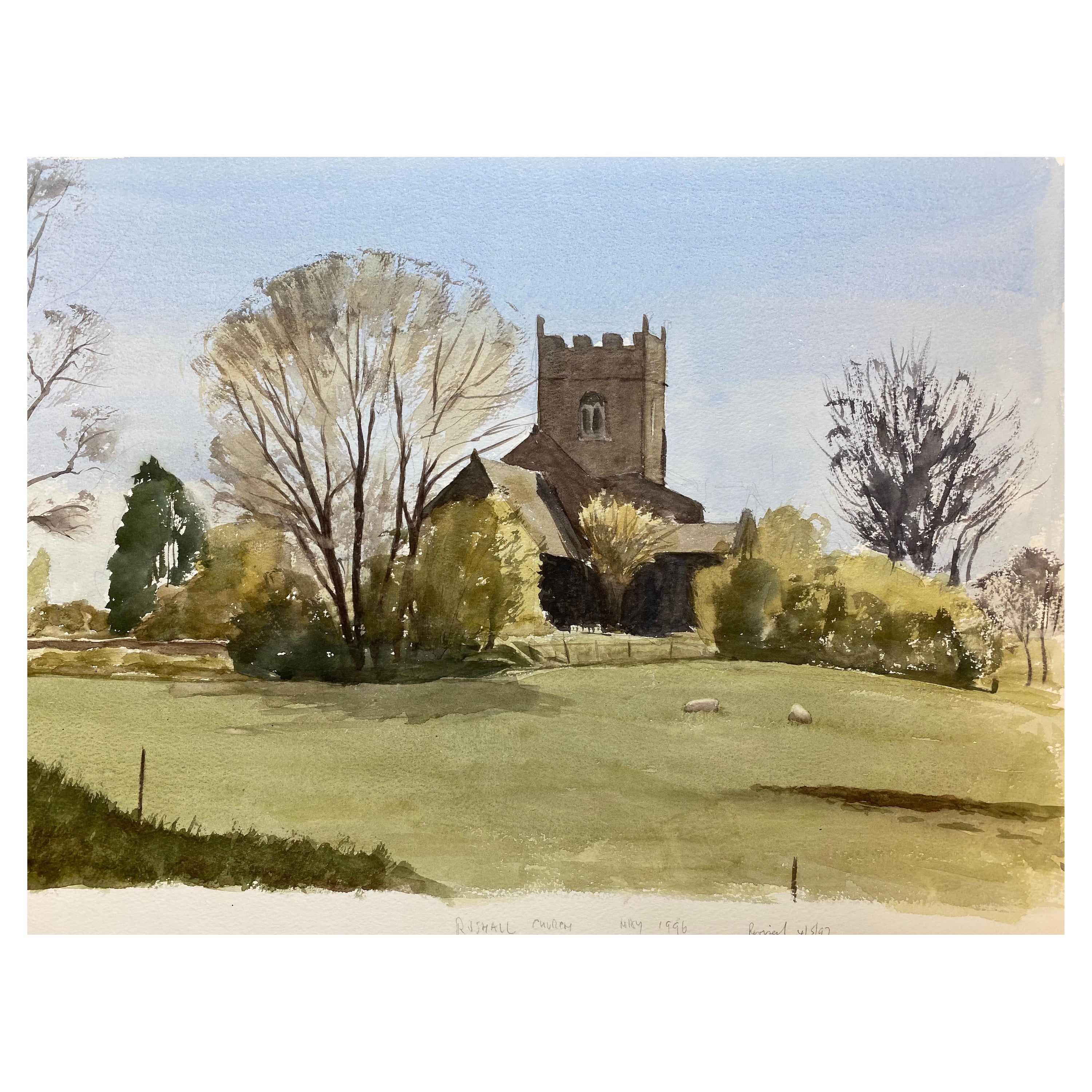 Peinture à l'aquarelle britannique originale de Rushall Church, Angleterre, signée en vente