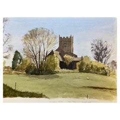 Peinture à l'aquarelle britannique originale de Rushall Church, Angleterre, signée
