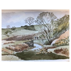 Peinture à l'aquarelle britannique originale de paysage rural en bord de rivière