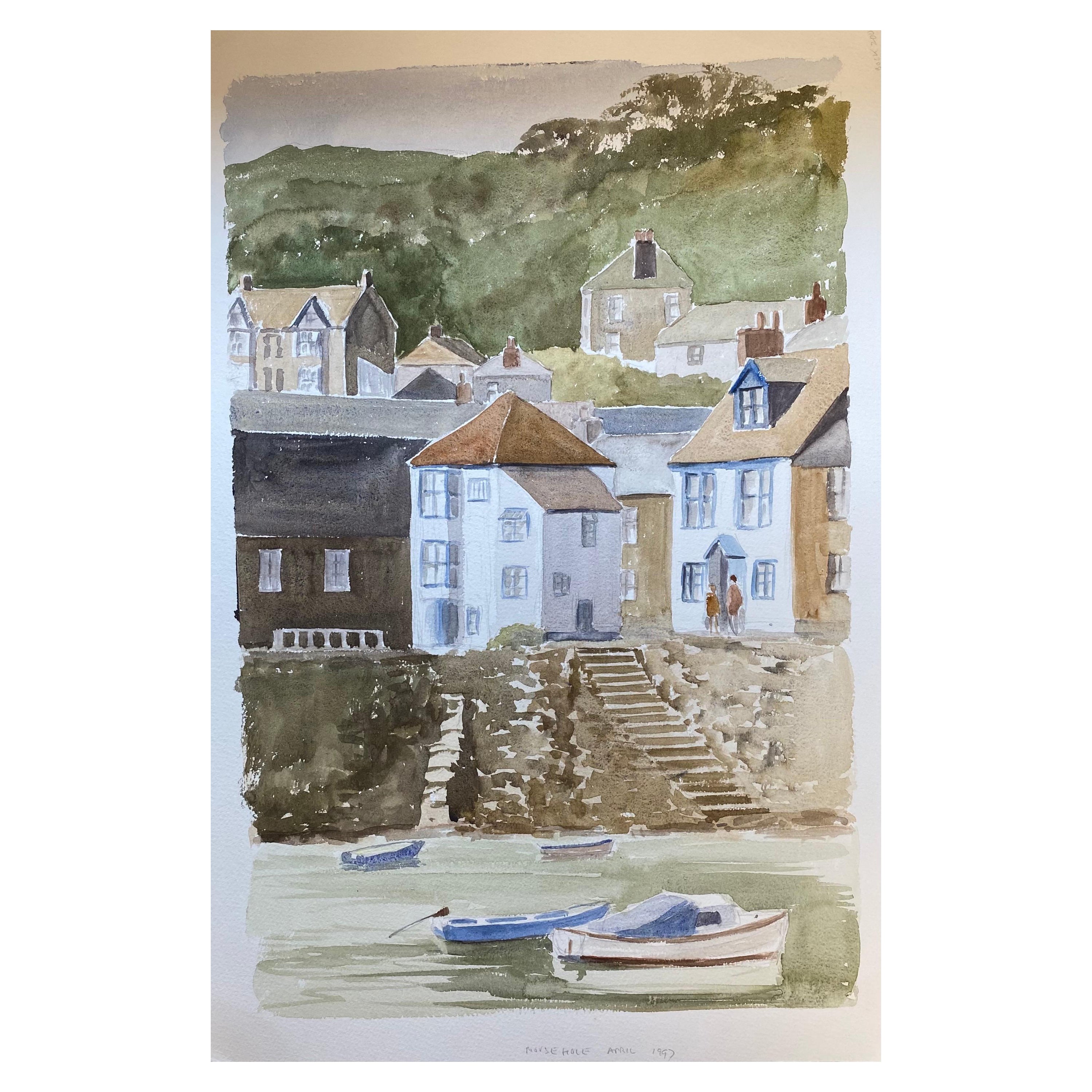 English Coastal Harbour Steps to the Sea, Original British Watercolour Painting For Sale