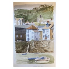 English Coastal Harbour Steps to the Sea, Original British Watercolour Painting