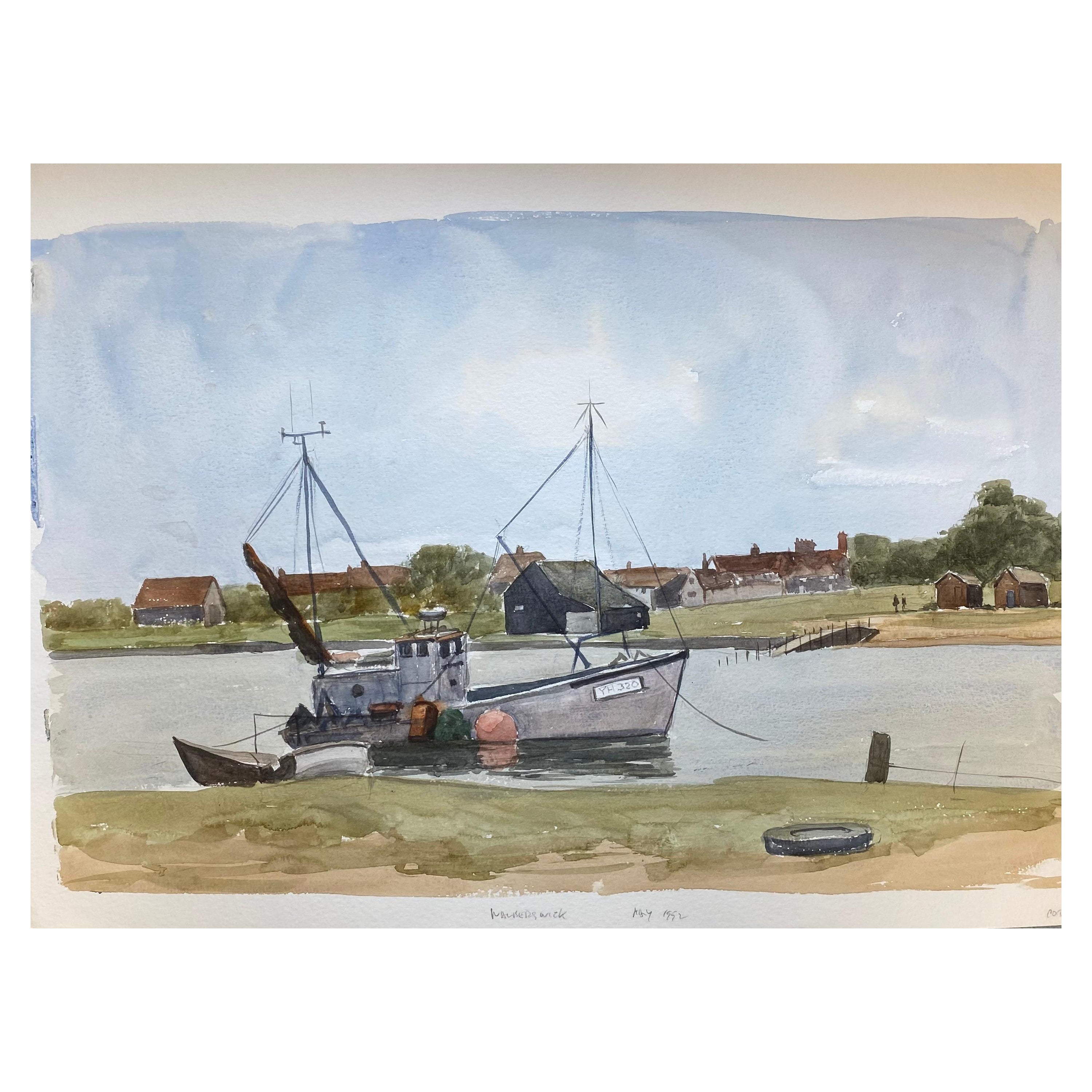 Peinture à l'aquarelle britannique originale d'un étang de rivière de Walbeswick, Suffolk