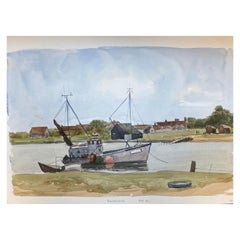 Peinture à l'aquarelle britannique originale d'un étang de rivière de Walbeswick, Suffolk
