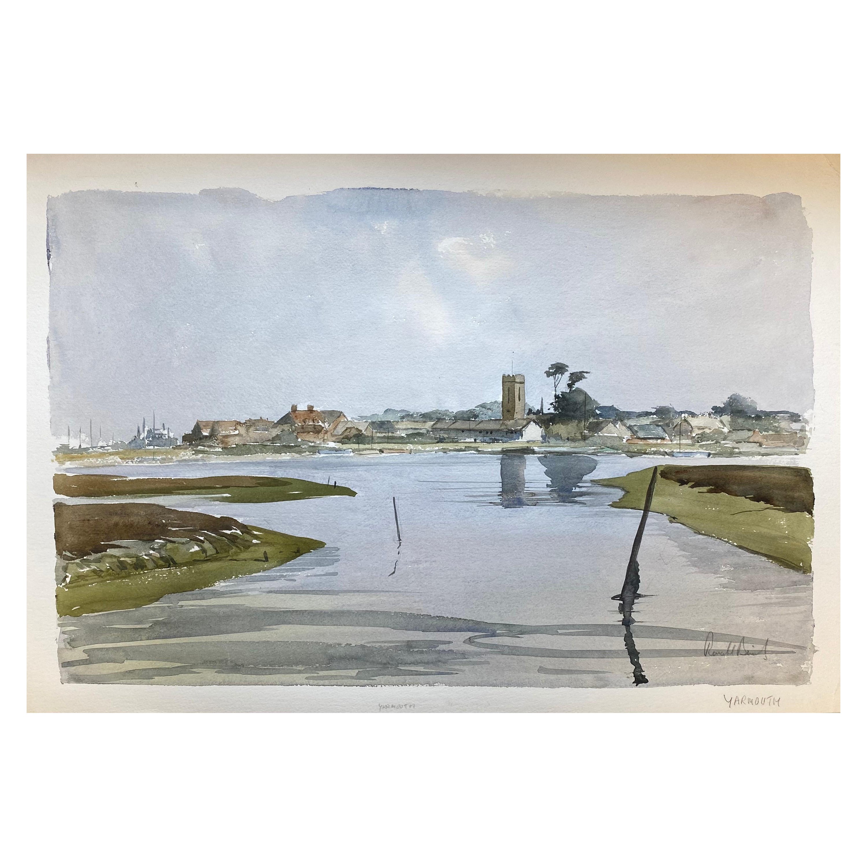 Peinture à l'aquarelle britannique originale de Yarmouth Town, signée en vente
