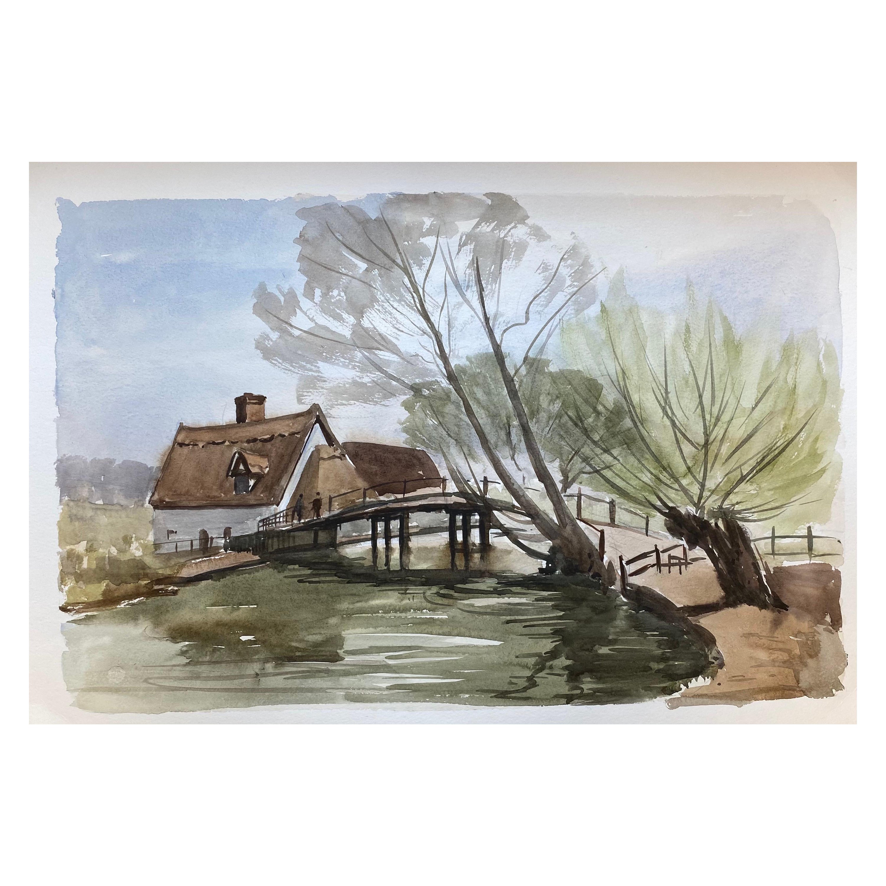 Peinture à l'aquarelle britannique originale du pont de la ville d'Angleterre signée