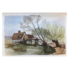 Englische Stadtbrücke der englischen Stadt, signiertes Original-Aquarellgemälde