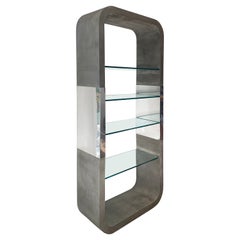 Modernist étagère Shelving Unit in Cement Toned Wood, Chrome, Glass, 1970s