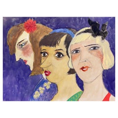 1960's French Portrait Three Art Deco Ladies Caricature