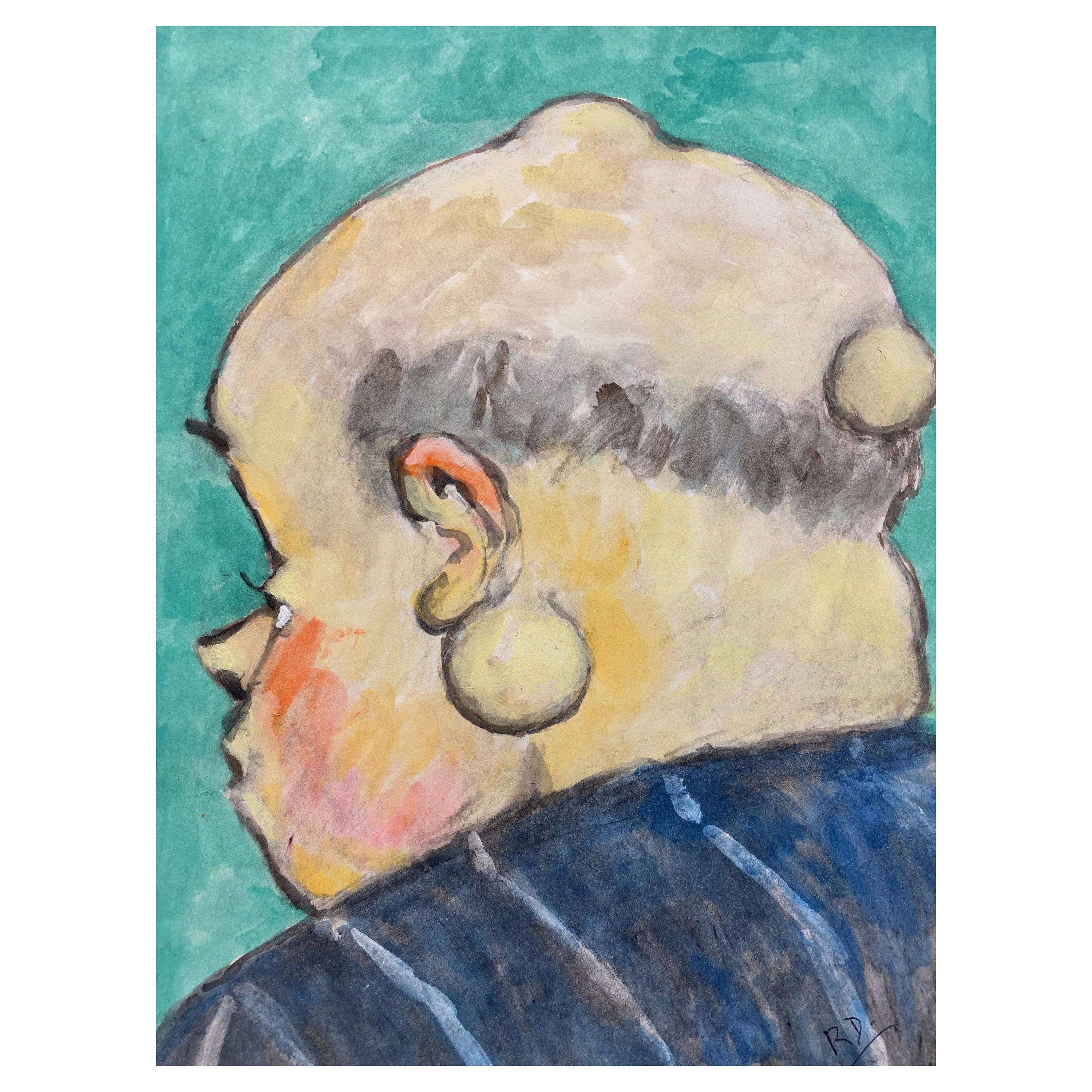 1960's French Portrait Back of Bald Man's Head Caricature For Sale