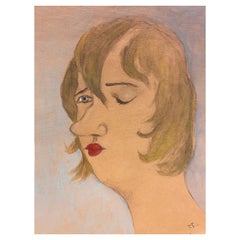 1960's French Portrait Lady with Closed Eye Caricature