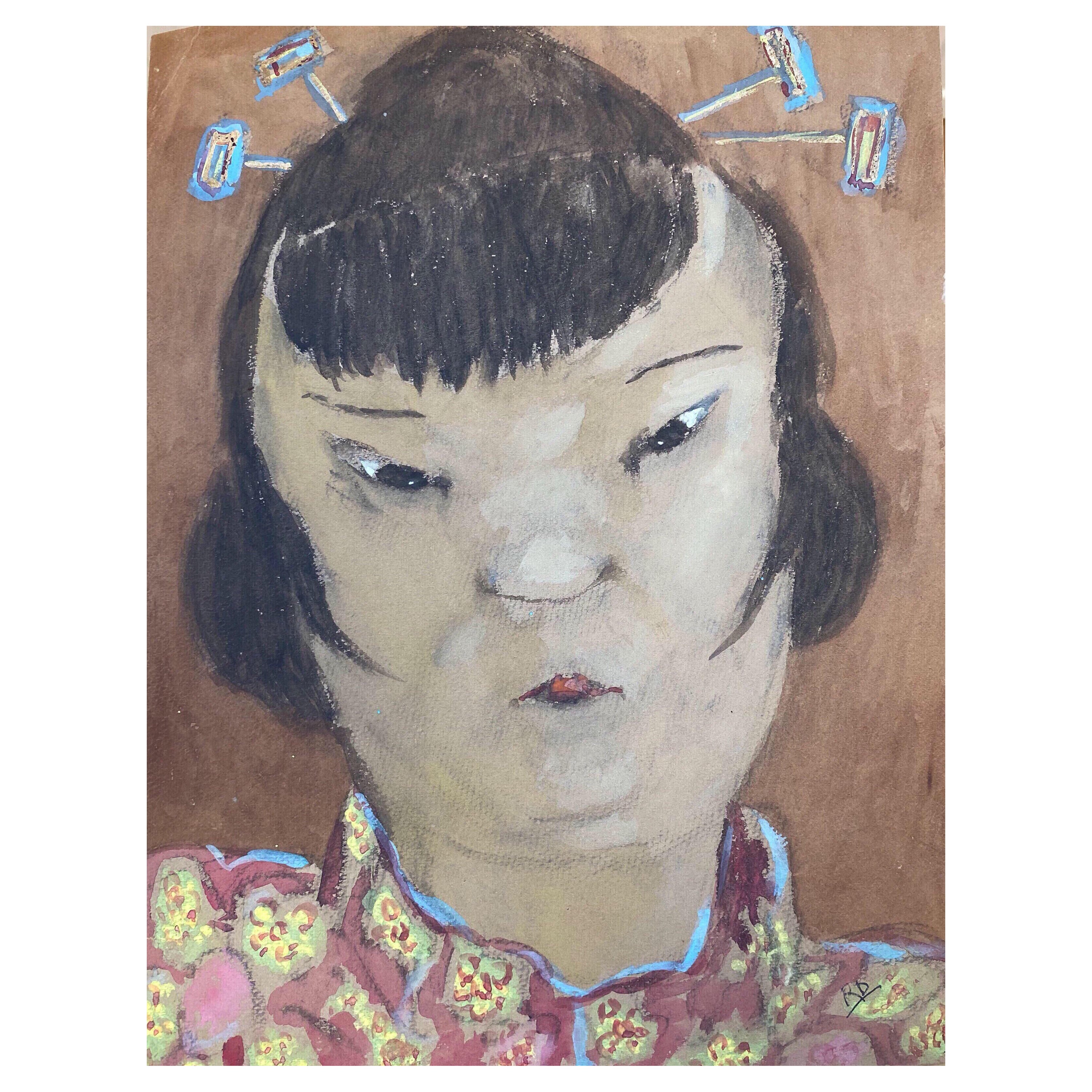 Französisches Porträt Orientalische Dame, Karikatur, 1960er Jahre
