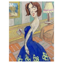 1960's French Portrait Posed Lady In Blue Dress Caricature