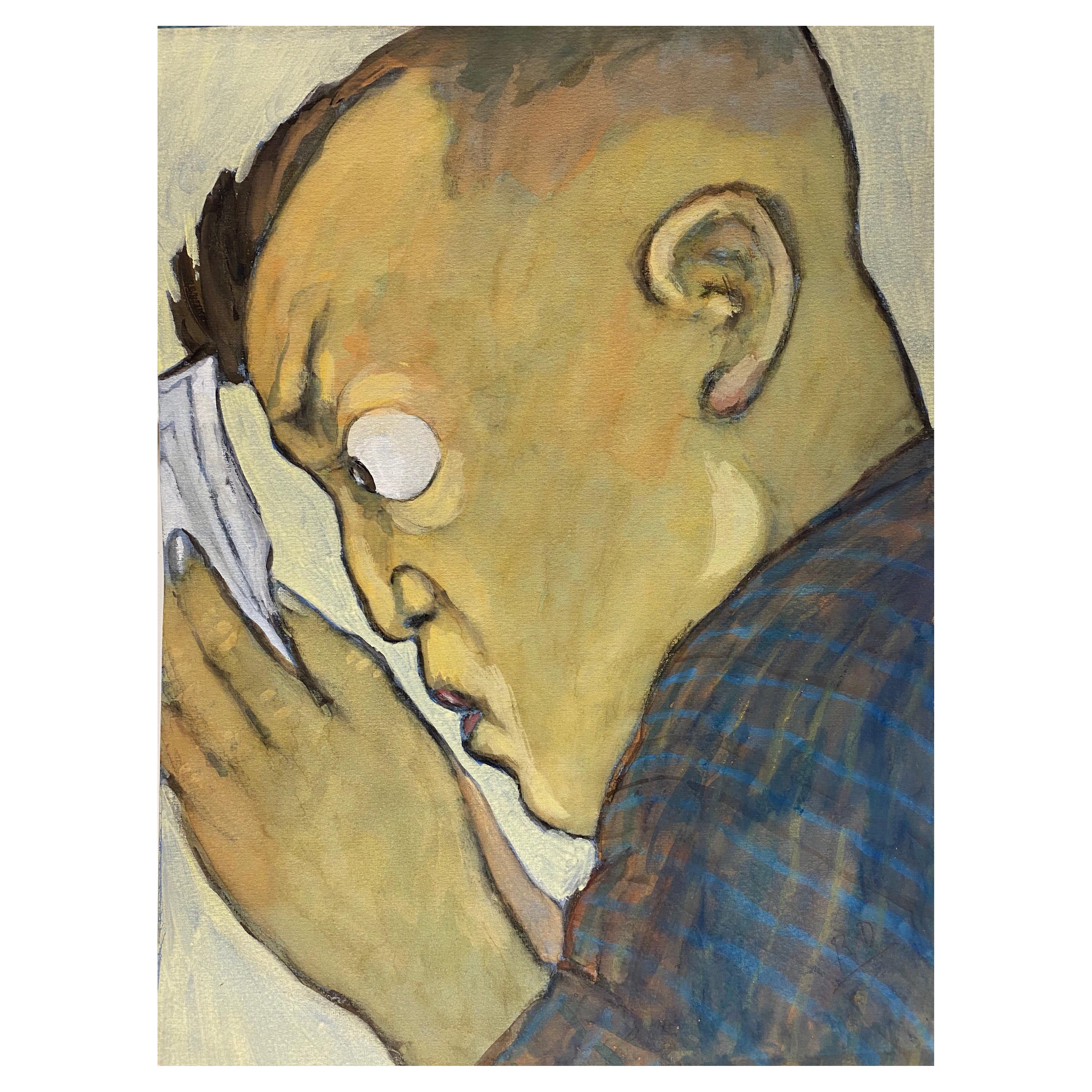 Portrait d'homme aux yeux larges verts des années 1960, caricature française en vente