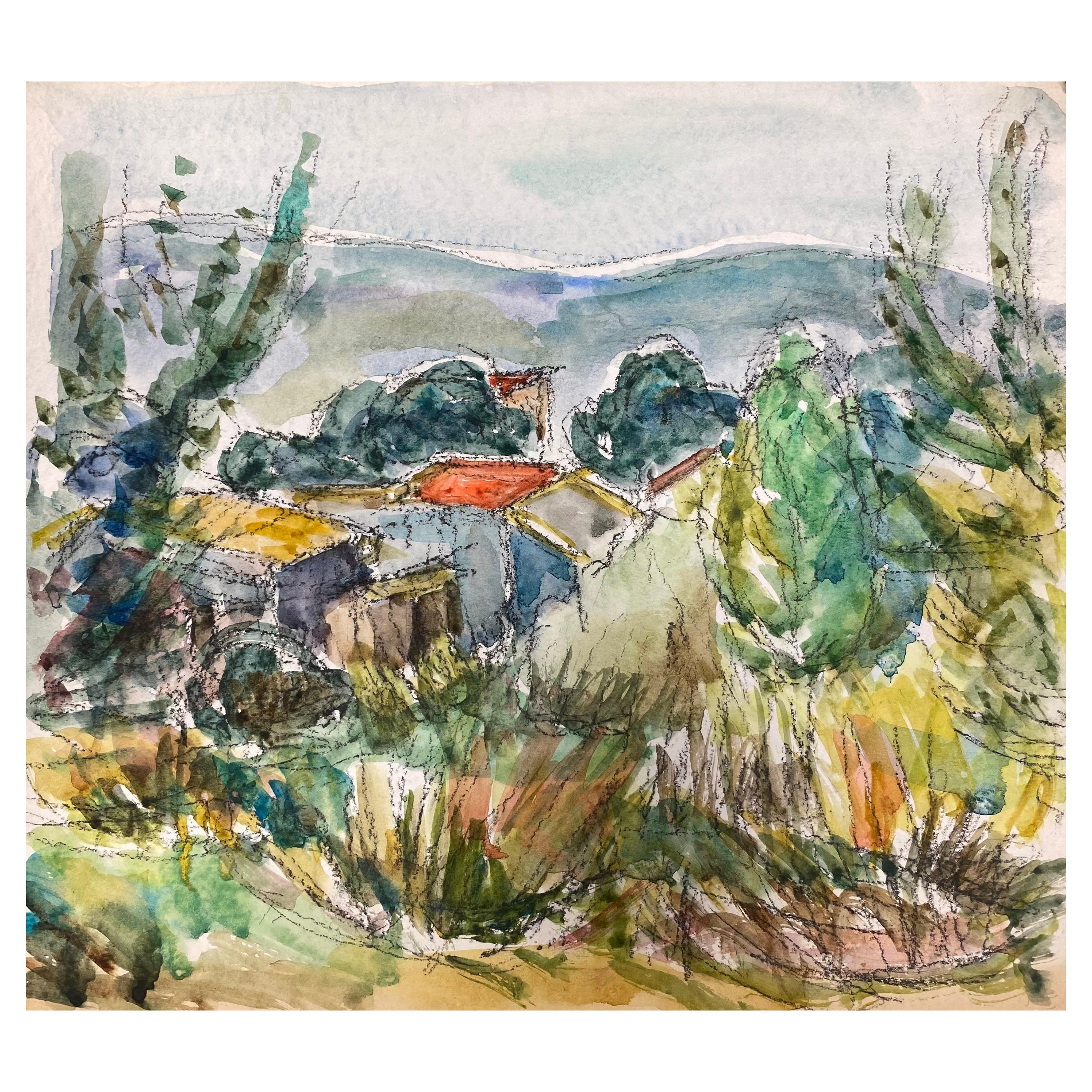 Provenza Paesaggio di campagna Tetti rossi Pittura originale espressionista francese