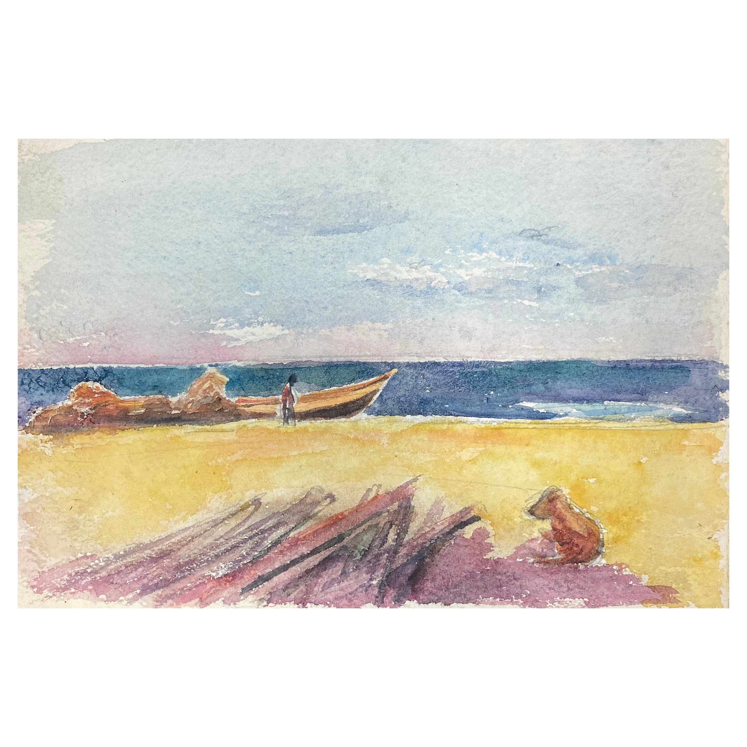 Figure on Sandy Beach Boat & Dog, French Expressionist Original Painting For Sale