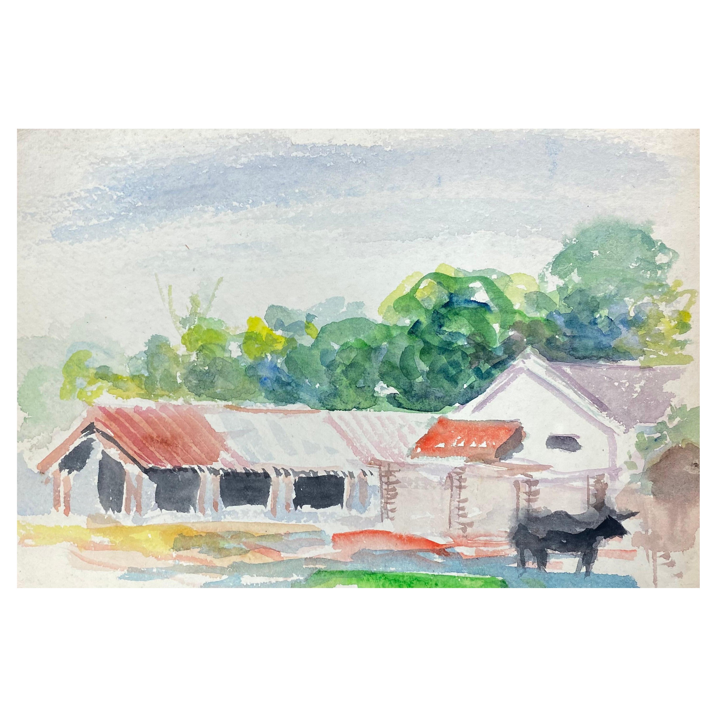 Farbenfrohes abstraktes, französisches expressionistisches Originalgemälde Bauernhäuser