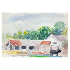 Colourful Abstract, French Expressionist Original Painting Farm Buildings