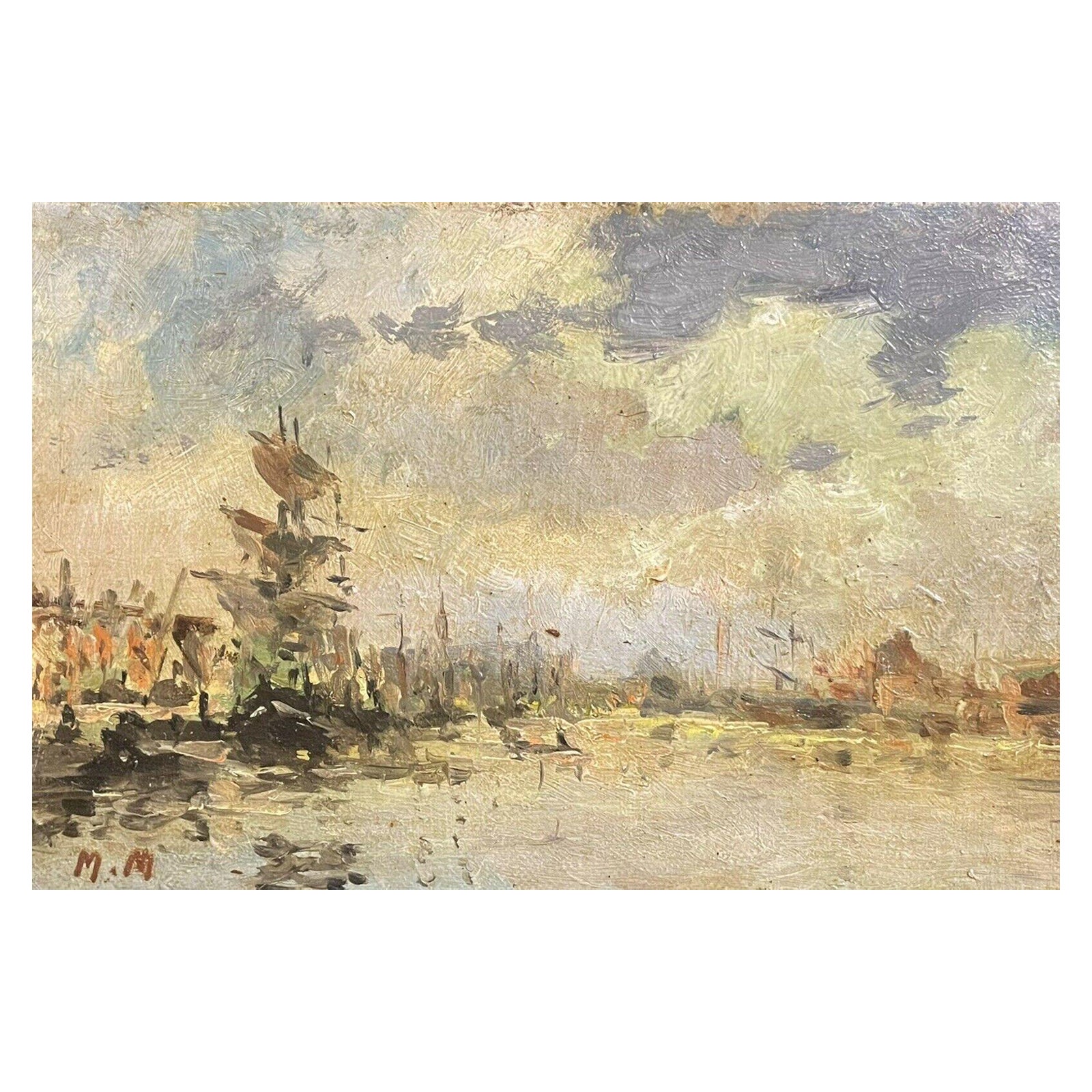 Maurice Mazeilie French Impressionist Signed Oil, Tall Ship in French Harbour