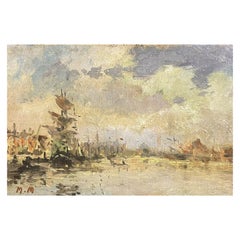 Vintage Maurice Mazeilie French Impressionist Signed Oil, Tall Ship in French Harbour