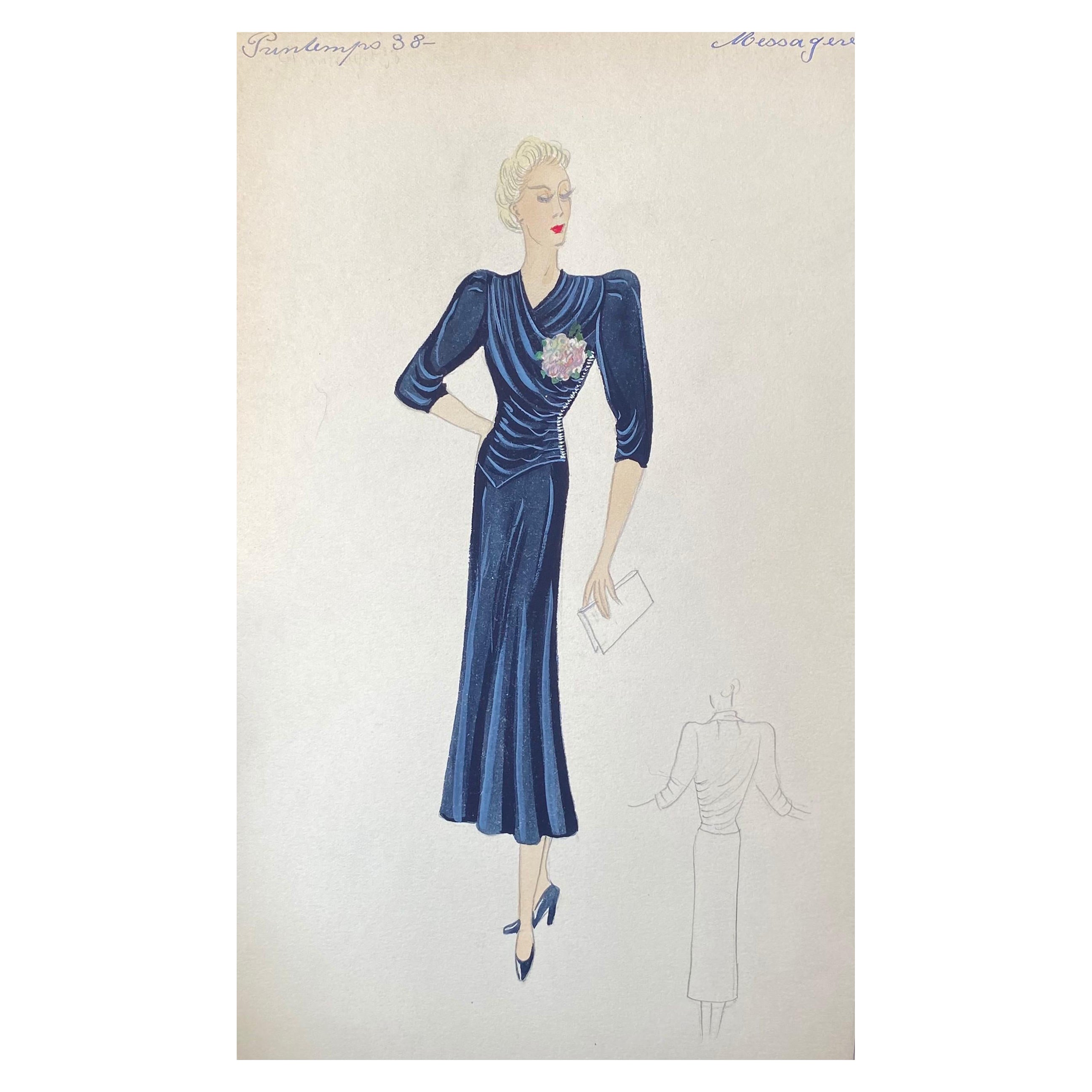 1930's Original Parisian Fashion Design Illustration Watercolor Elegant Lady For Sale