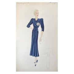 Used 1930's Original Parisian Fashion Design Illustration Watercolor Elegant Lady