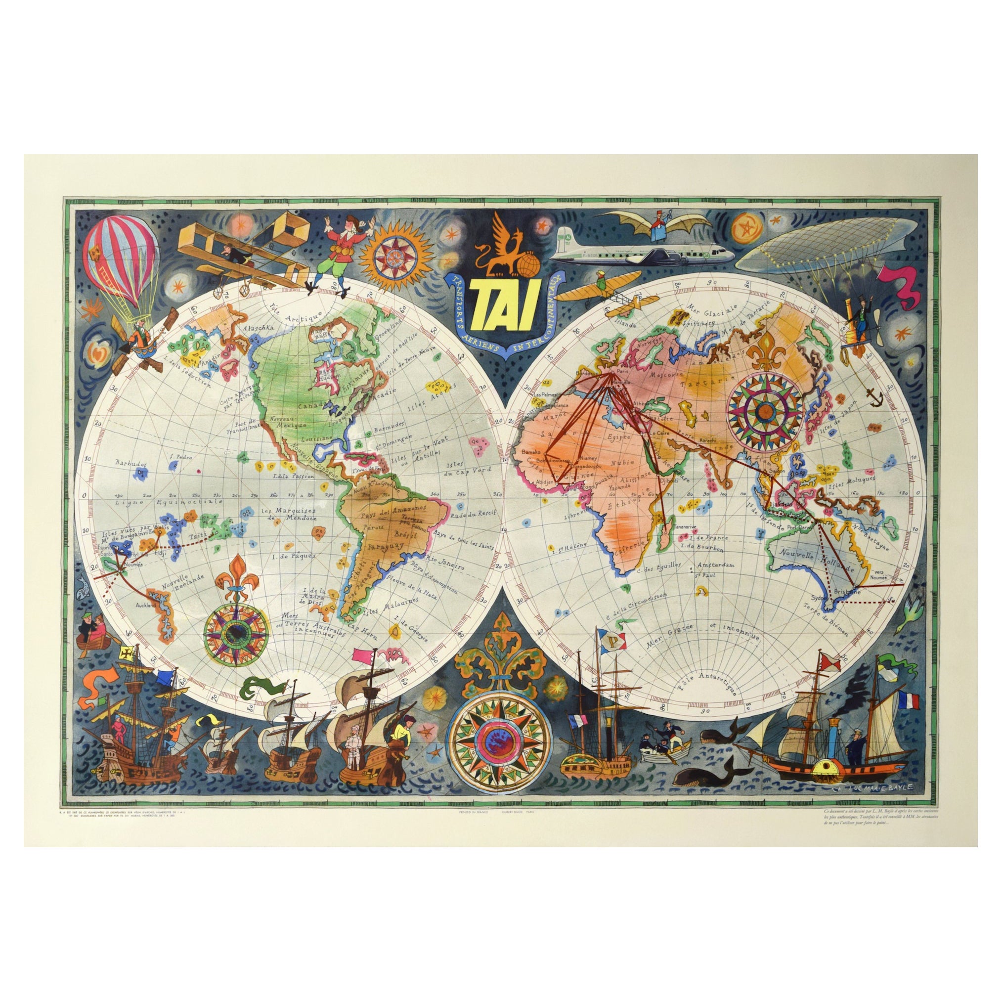 TAI Original Airline Travel Map 1950’s, Bayle