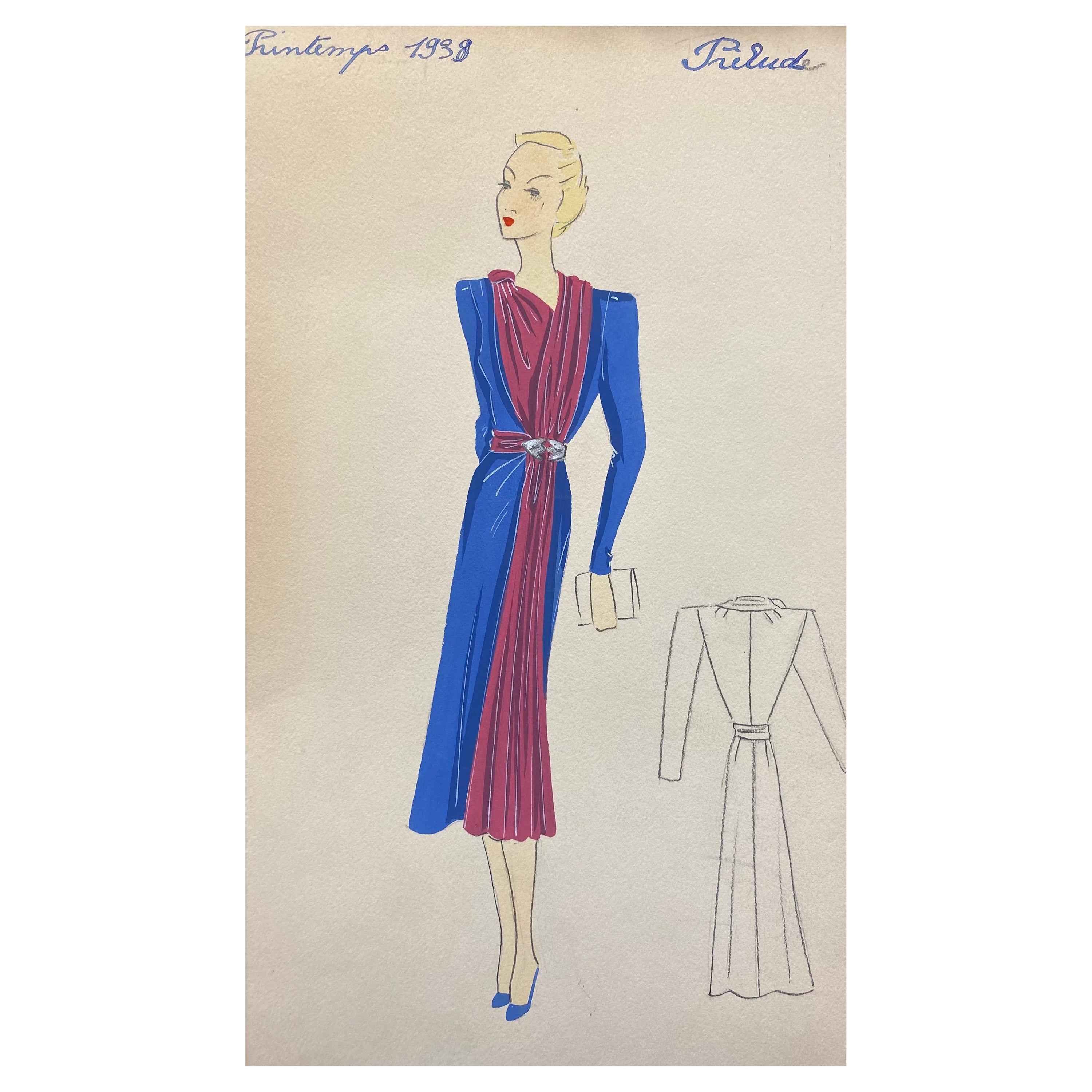 1930's Original Parisian Fashion Illustration Watercolor Pink and Blue Dress For Sale