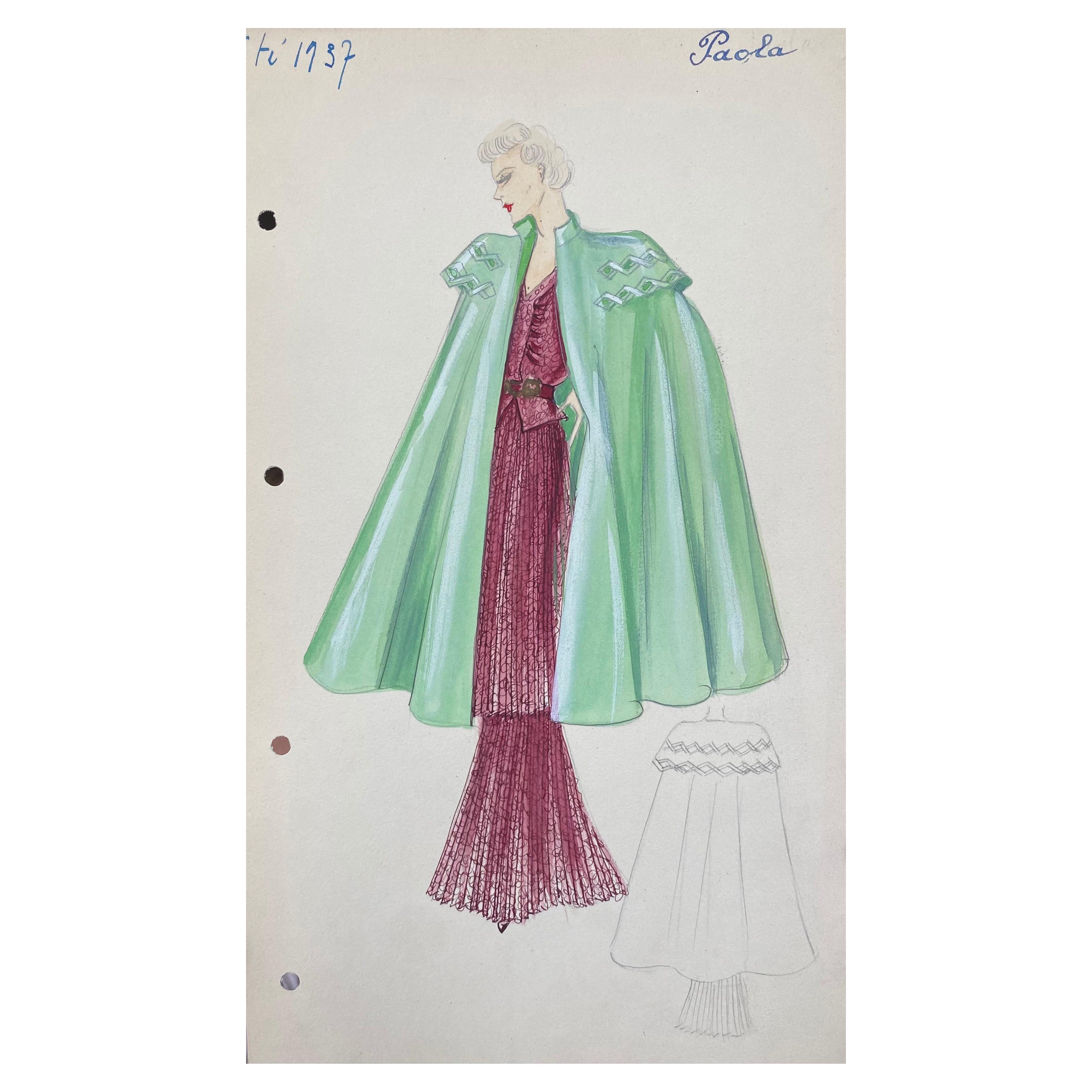 1930's Original Parisian Fashion Watercolor Burgandy Dress with Green Cape