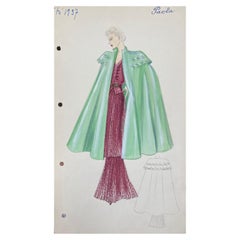 Vintage 1930's Original Parisian Fashion Watercolor Burgandy Dress with Green Cape