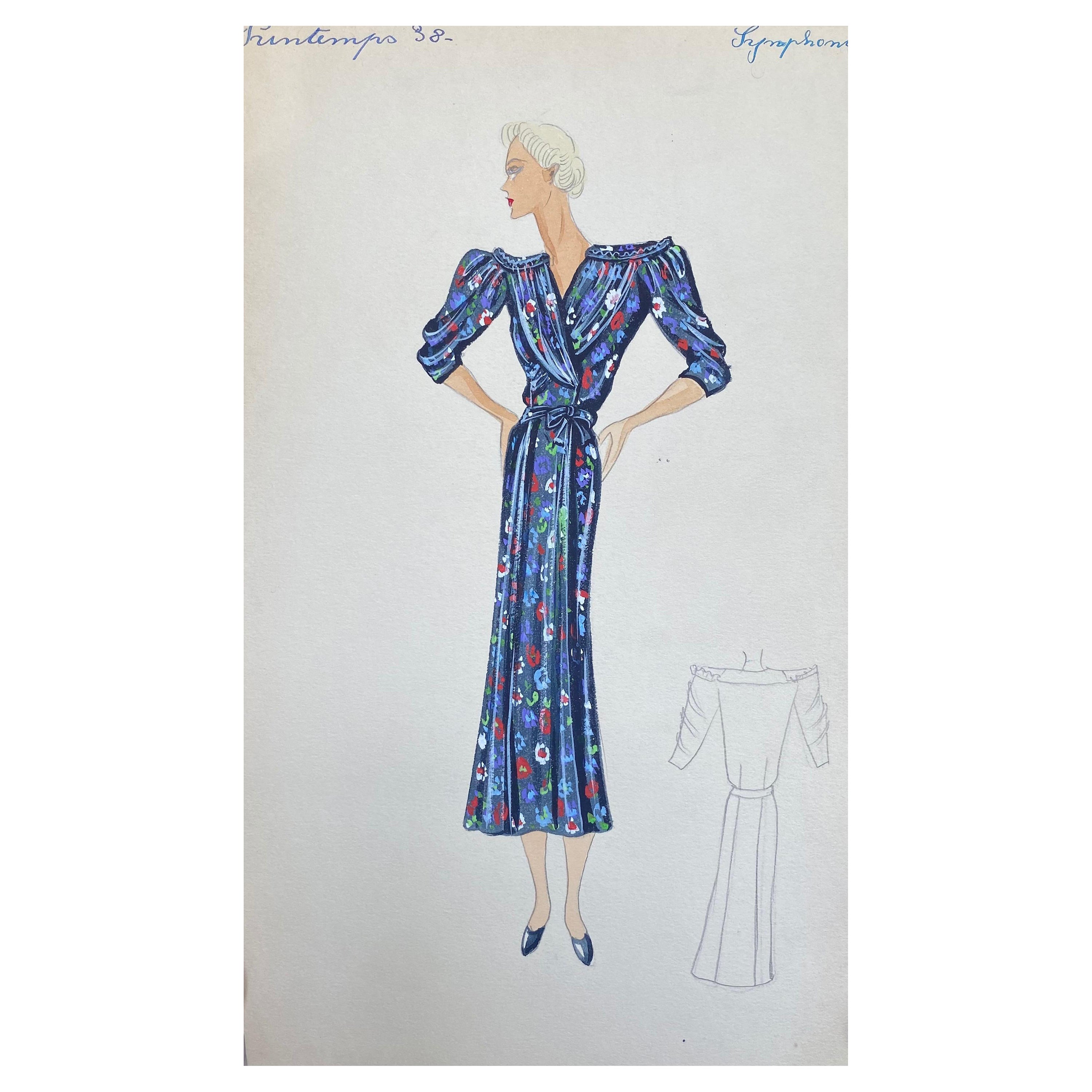 1930's Original Parisian Fashion Watercolor Blue Floral Summer Dress For Sale
