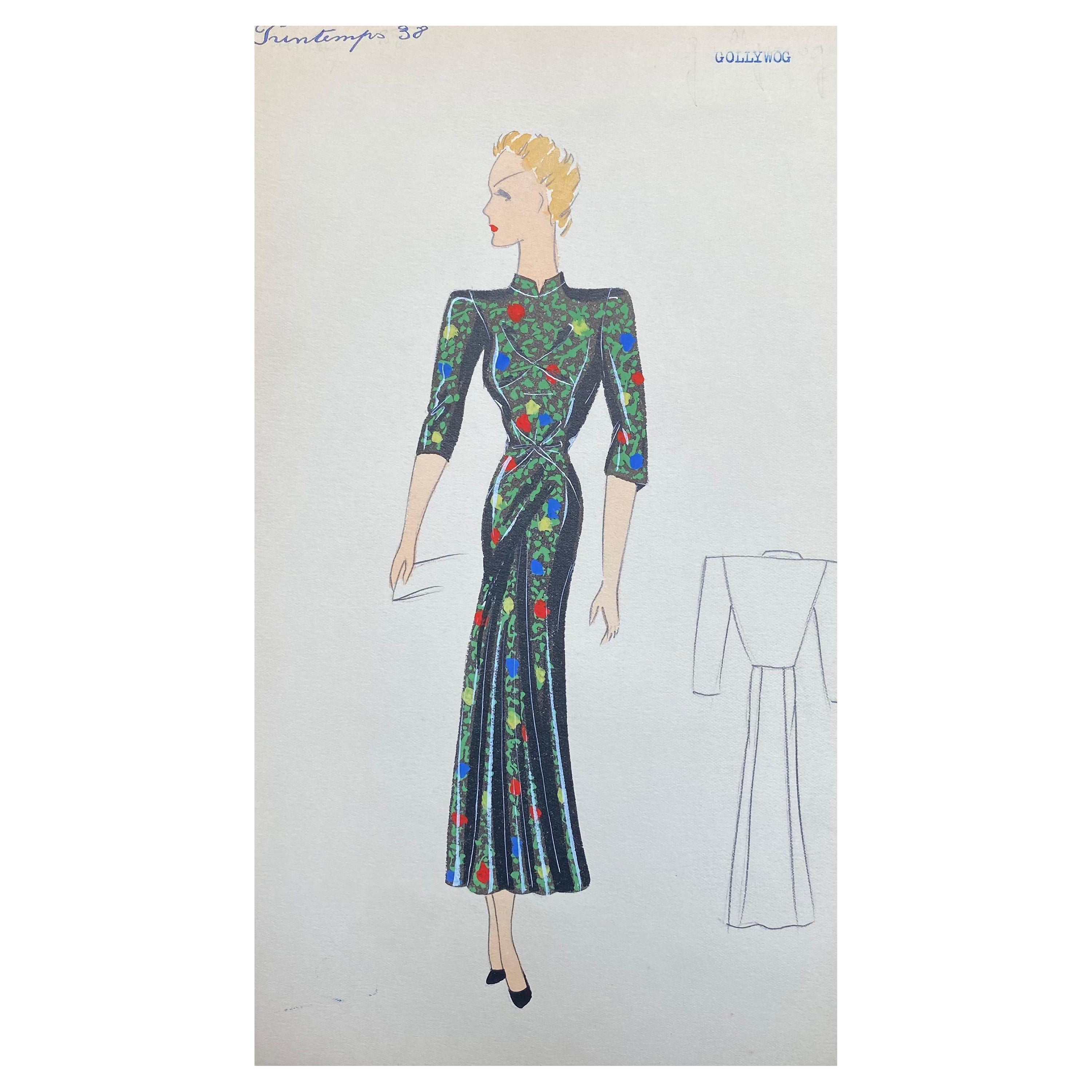 1930's Original Parisian Fashion Illustration Watercolor Black Oriental Dress For Sale